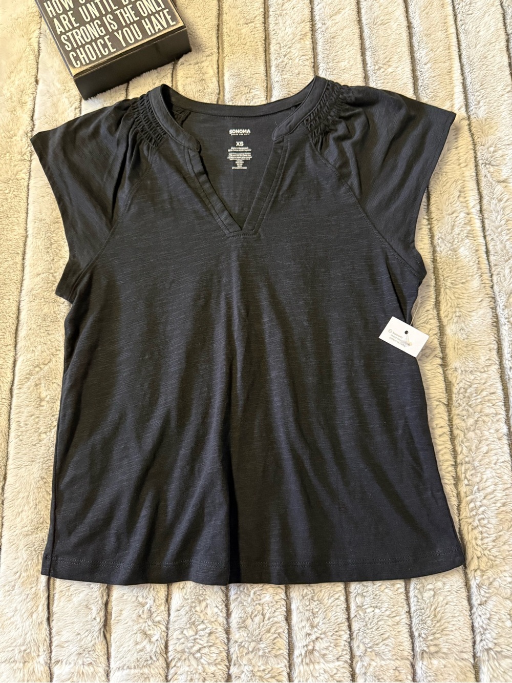Sonoma Black V-Neck Short Sleeve Top with Shirred Shoulders - Picture 1 of 3